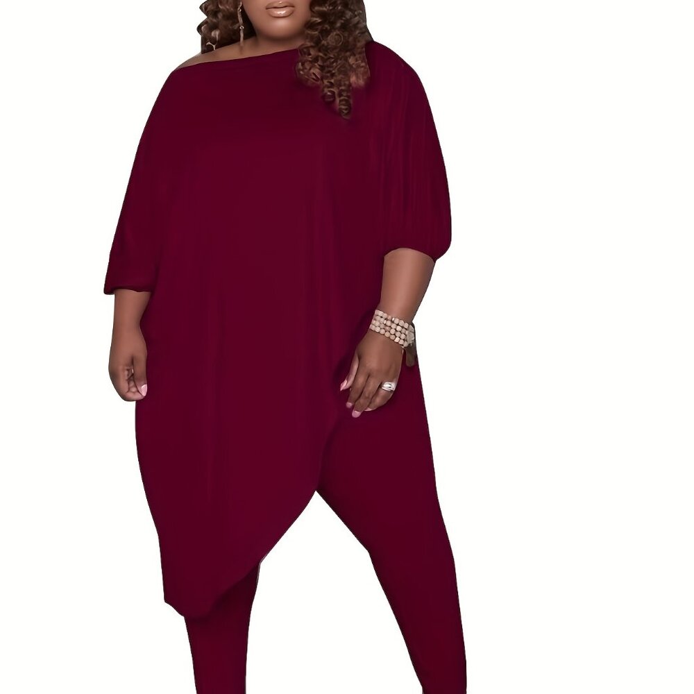 Plus Size Off-Shoulder 2PC Set | Asymmetrical Top + Stretch Pants (1X–5X) - Picture 3 of 3